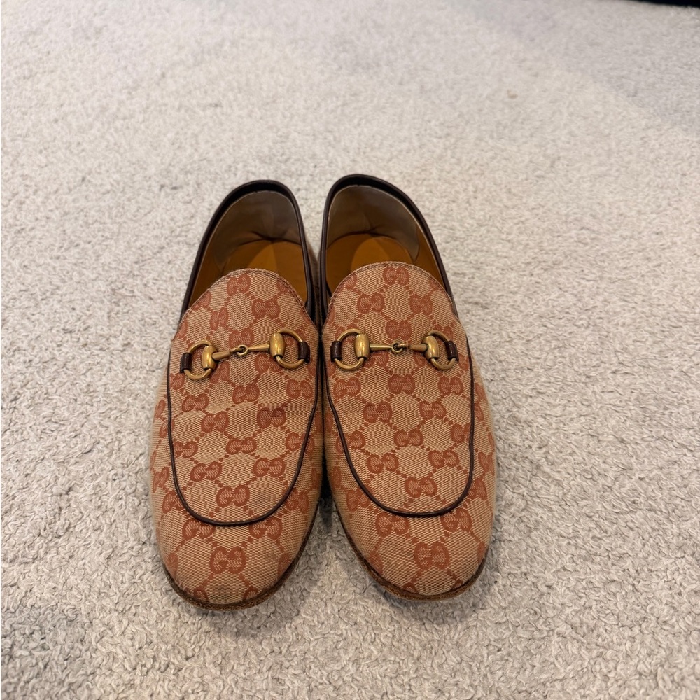 Gucci Tan and Brown Monogram Loafers